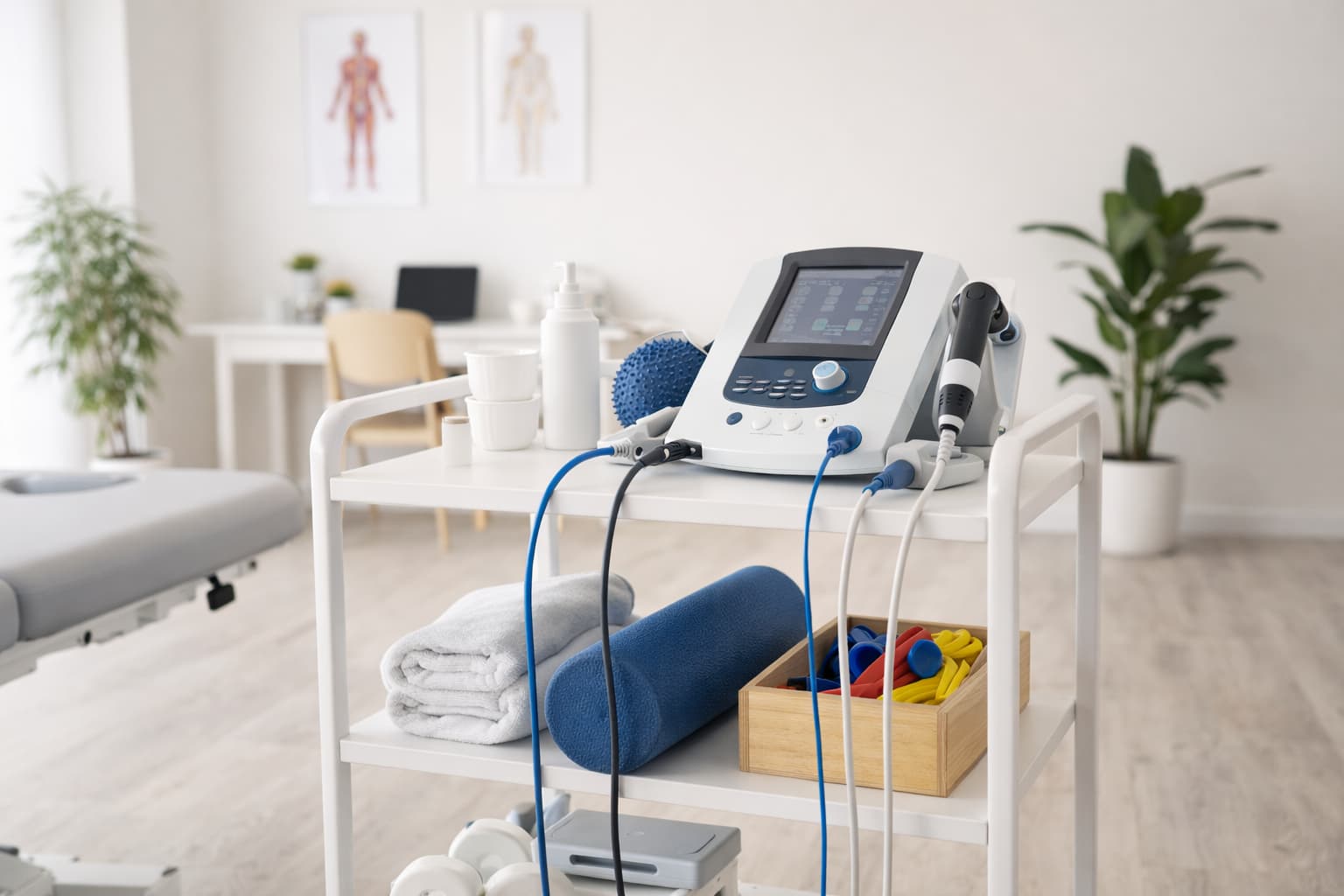 Equipo de fisioterapia en consulta luminosa, estilo minimalista