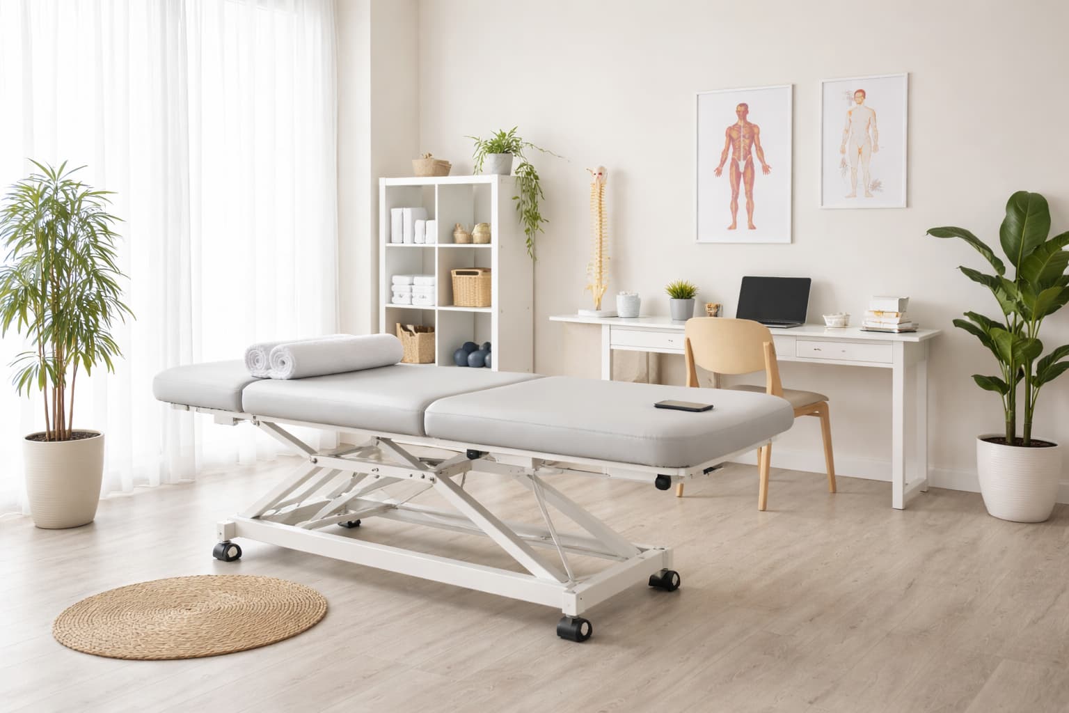 Consulta luminosa de fisioterapia con camilla y ambiente minimalista